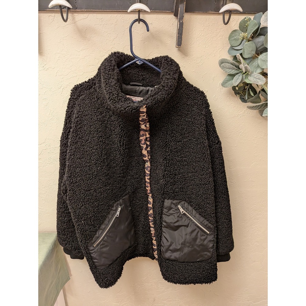 Levi Strauss Co Womens 3X Black Teddy Fleece Leopard Trim Zip Pockets Jacket